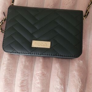 bebe Black Quilted Crossbody with Gold Plaque
